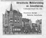 712763 Advertentie van de Utrechtsche Melkinrichting en Zuivelfabriek, Catharijnesingel 101, met een foto van het pand ...
